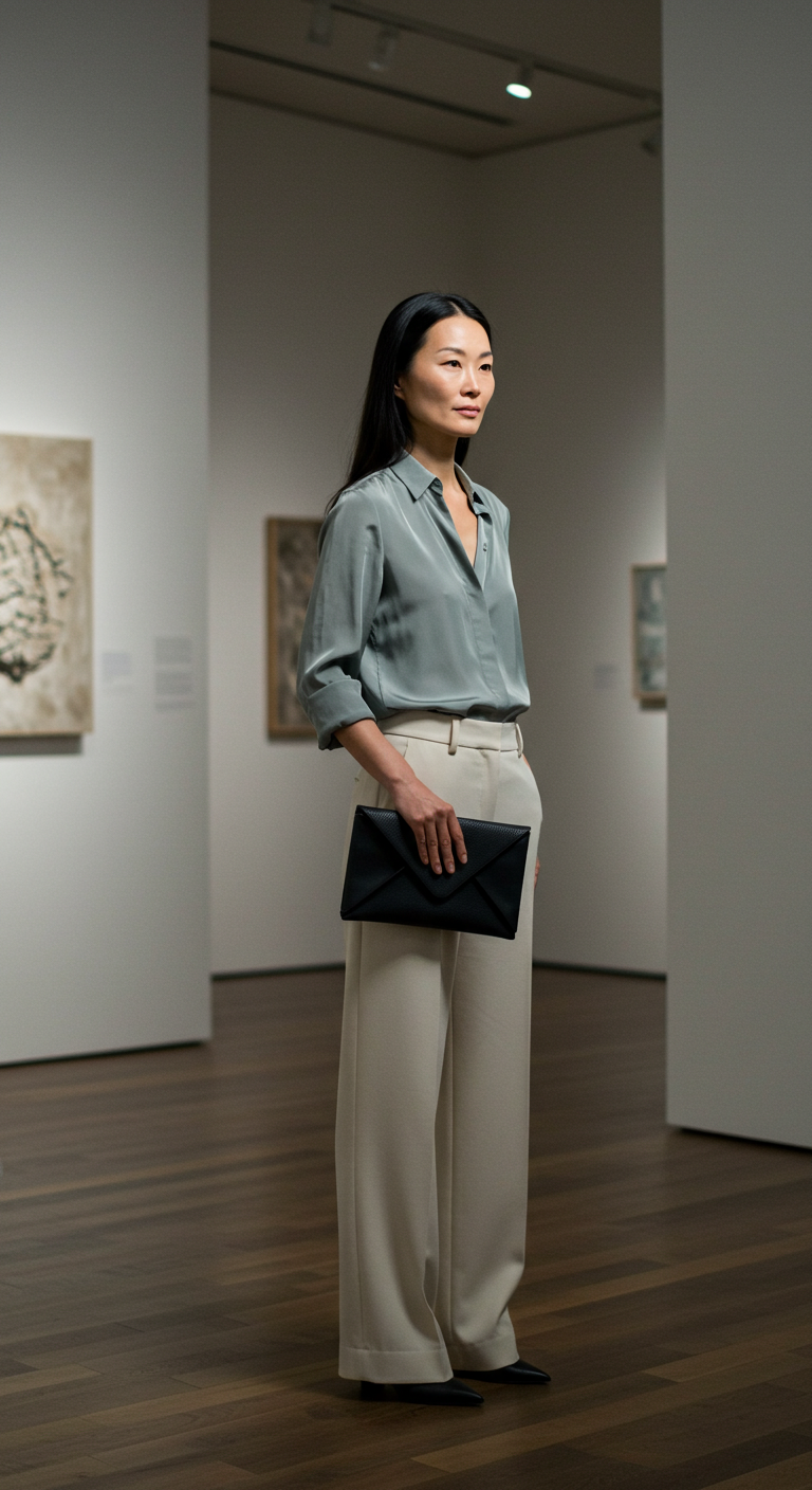 Knit top with tailored trousers — smart casual office outfit